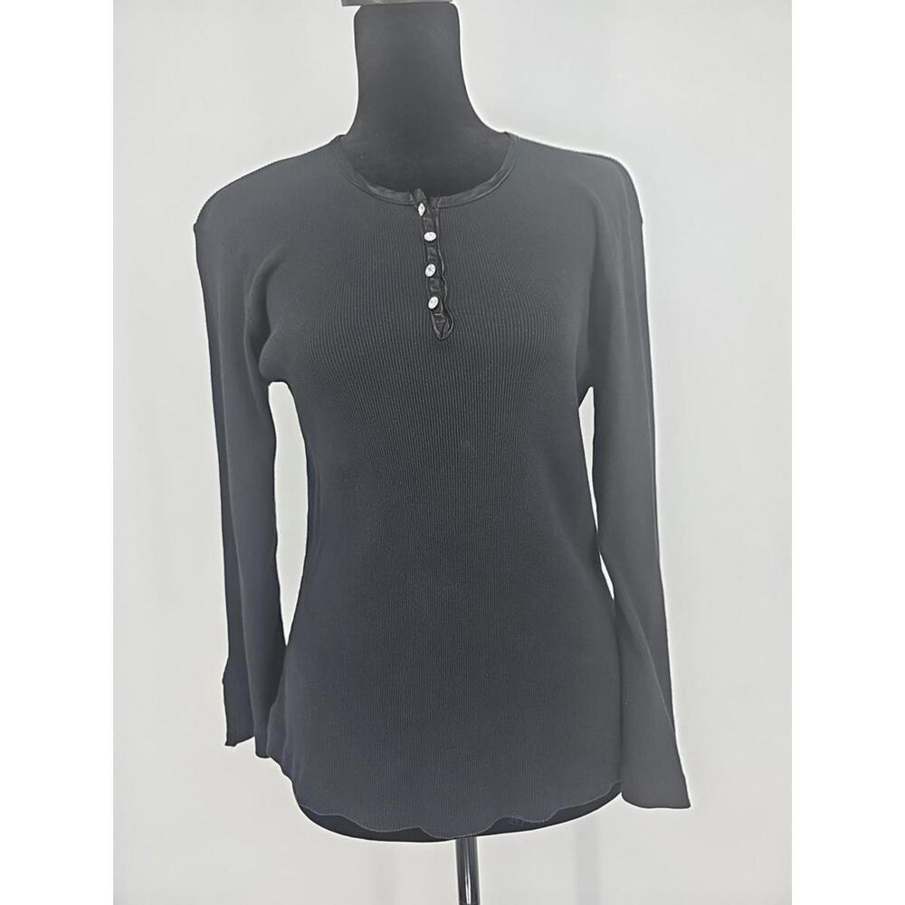 Soft Surroundings Women’s Henley Top Medium Black Crystal Button Satin Collar